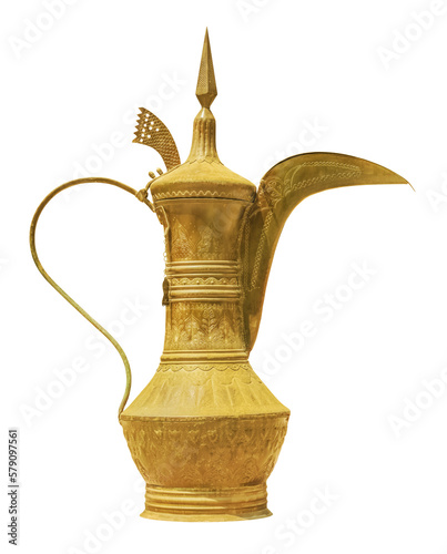 Traditional arabic coffee maker golden color on transparent background. Isolated object photo