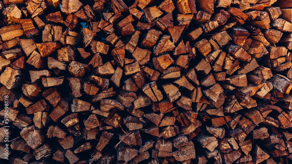 Pile of wood logs storage for industry. Wall of stacked wood logs as background. a pile of natural wooden logs background.	 - obrazy, fototapety, plakaty 