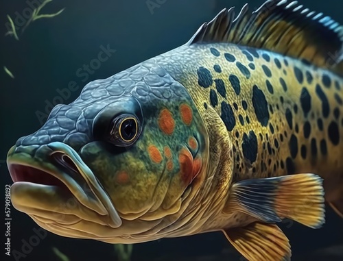 Peacock bass fish close-up. Generative AI photo