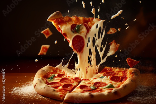 Pizza and Splashes of cheese and red pepper. Italian pizza, Juicy cheese stretches from a slice. pieces of pizza scatter to the sides.  pizza explosion, Soft focus. Ai Generated illustration. photo