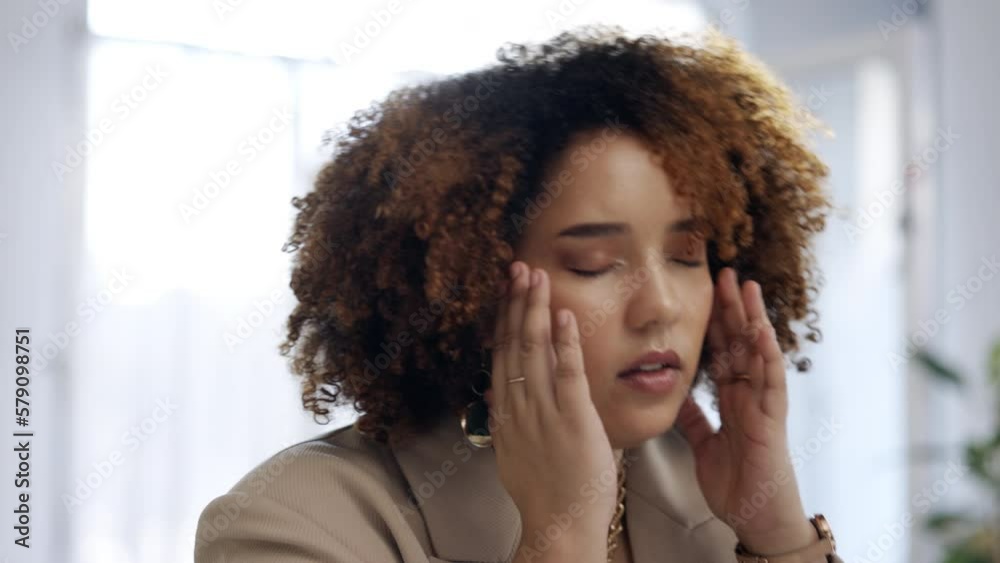 Headache, eye focus issue and black woman worker with stress from office project. Anxiety, work burnout and accounting report of a employee feeling fatigue from computer reading and deadline for tax