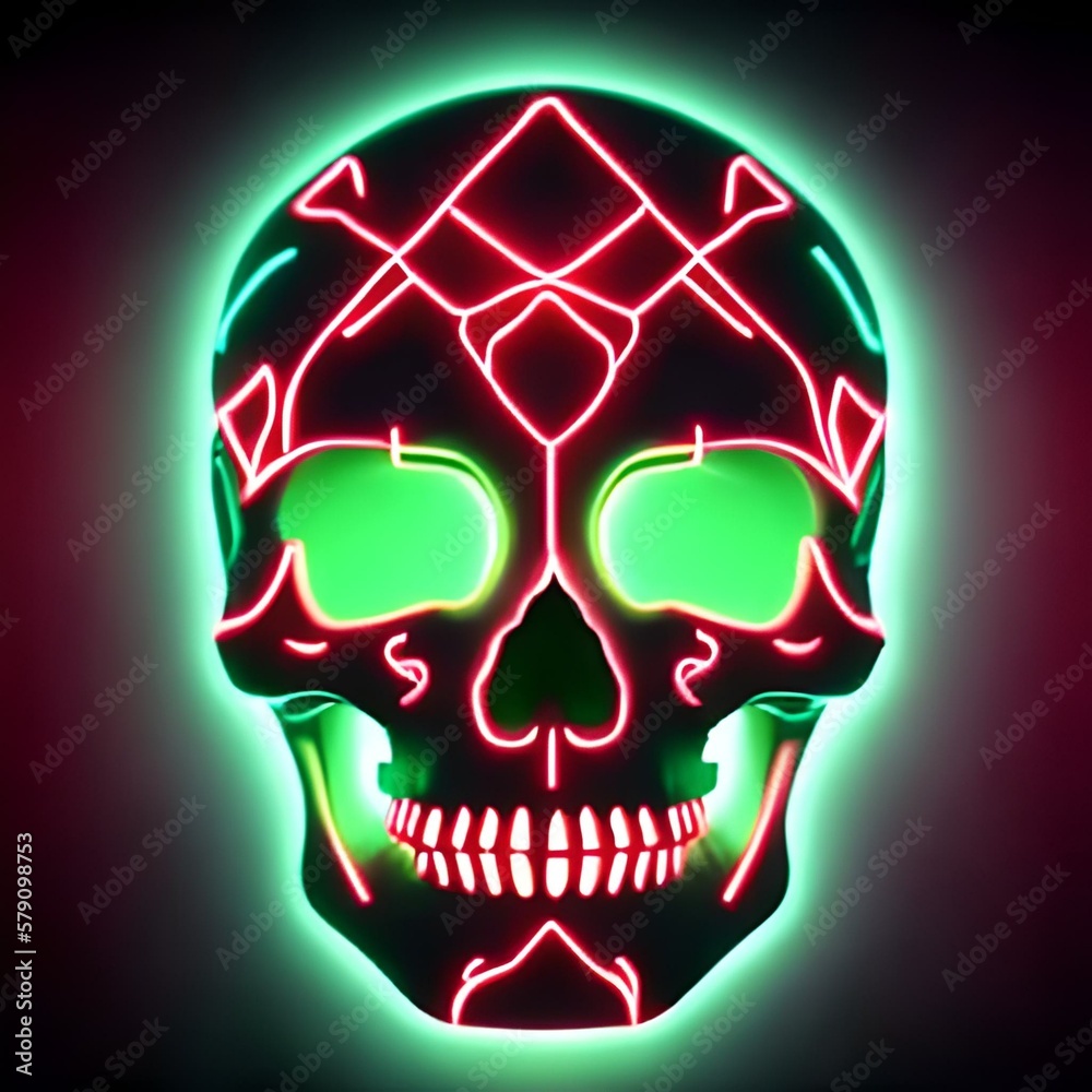 Crânio em led Neon vermelho e verde (Skull in red and green neon led) - generative IA Crânio em led Neon vermelho e verde (Skull in red and green neon led) - generative IA