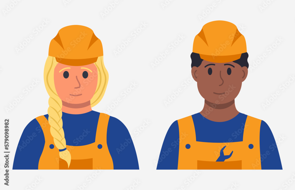 Partners Of Builders, Woman And Man Professional Workers In Uniform Flat Style Vector Illustration Partners Of Builders, Woman And Man Professional Workers In Uniform Flat Style Vector Illustration