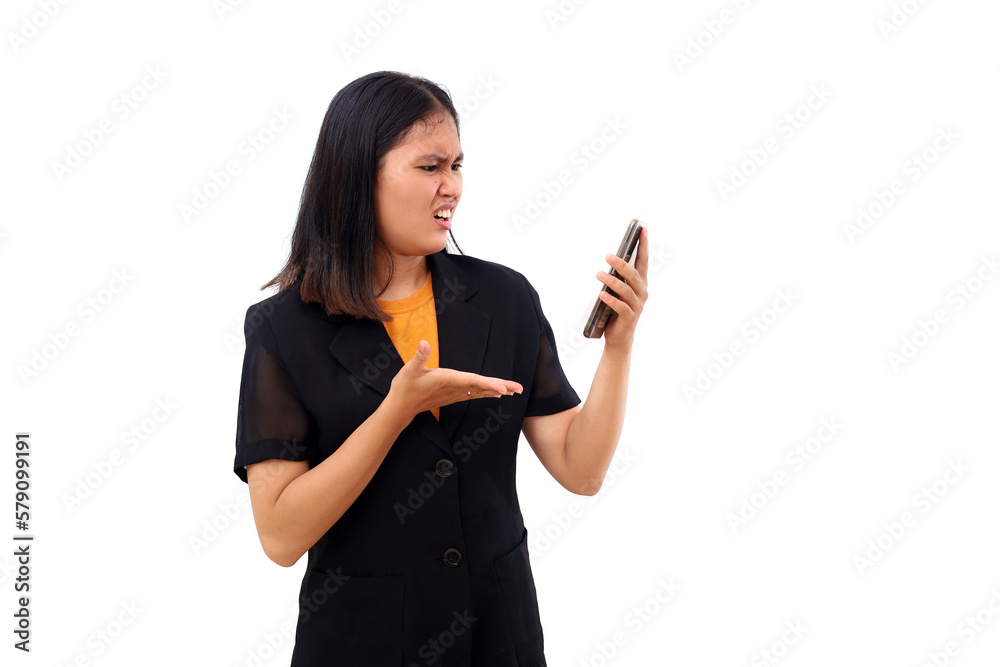 Young asian business woman feels angry with something on the phone. Isolated on white background Young asian business woman feels angry with something on the phone. Isolated on white background
