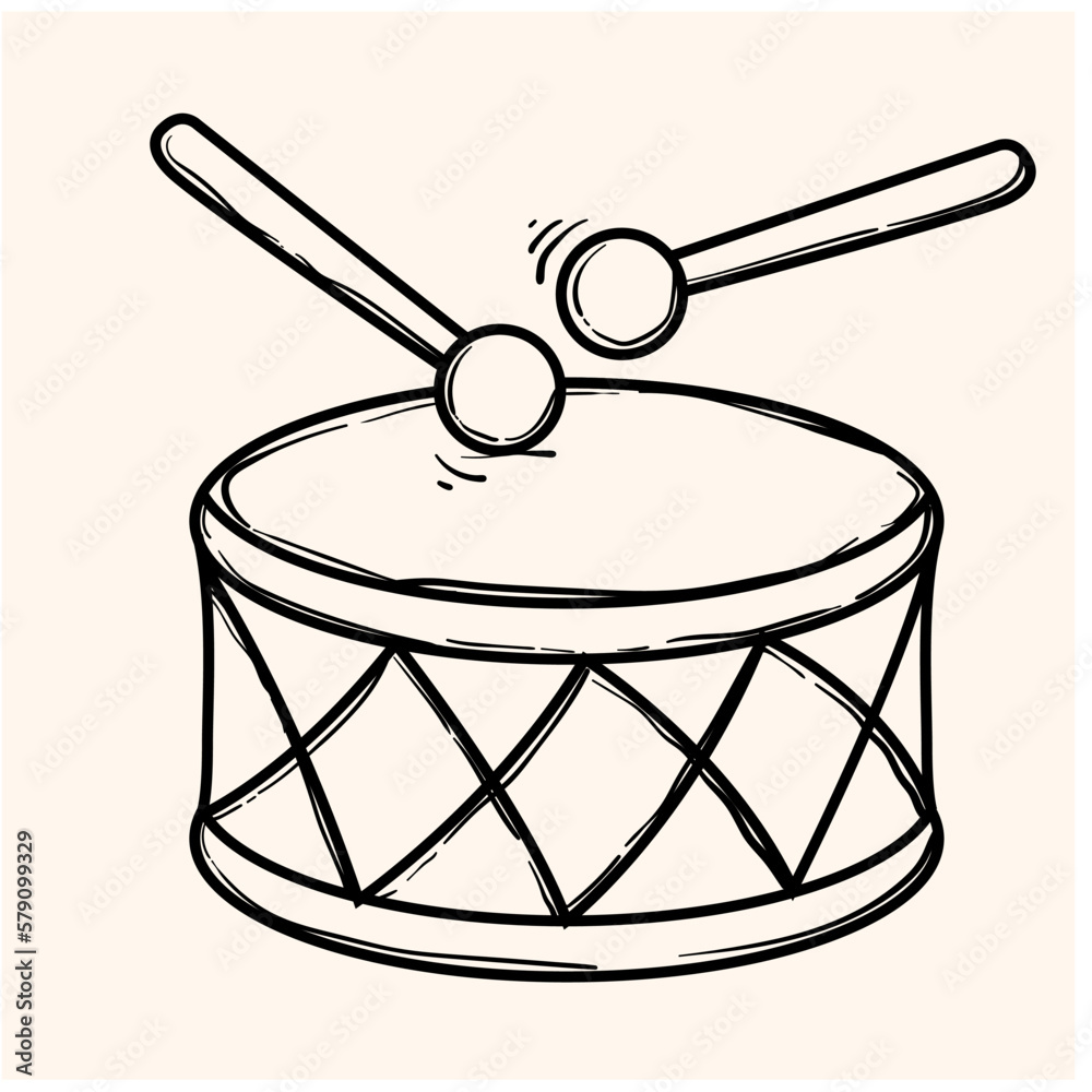 drum cartoon vector and illustration, black and white, hand drawn ...