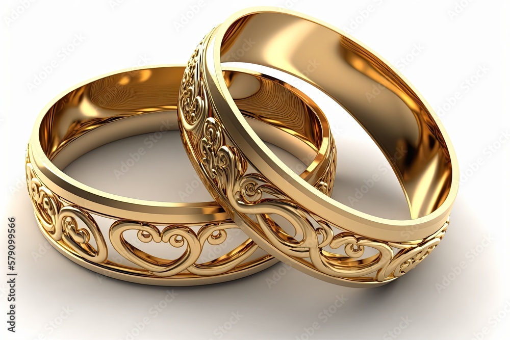 A pair of gold engagement or wedding rings with ornaments on a white background. A symbol of the marriage ceremony. Generative AI illustration. A pair of gold engagement or wedding rings with ornaments on a white background. A symbol of the marriage ceremony. Generative AI illustration.