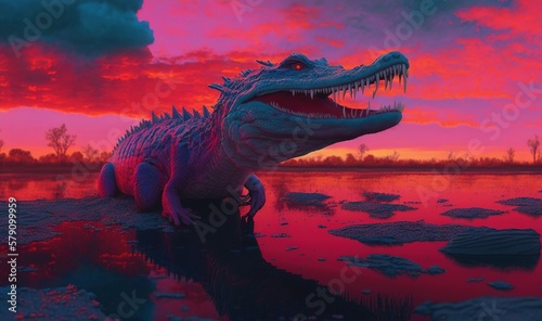  a large alligator sitting on top of a body of water under a cloudy sky with a pink and blue sky behind it and a pink and purple sunset.  generative ai