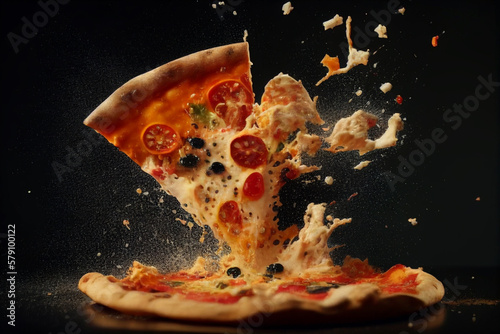 Pizza and Splashes of cheese and red pepper. Italian pizza, Juicy cheese stretches from a slice. pieces of pizza scatter to the sides.  pizza explosion, Soft focus. Ai Generated illustration. photo