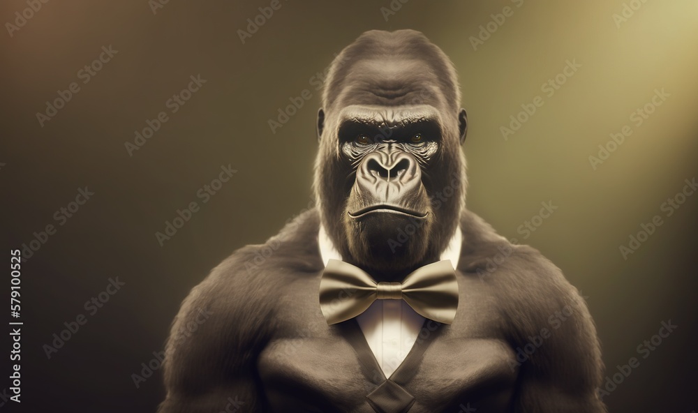 a gorilla wearing a suit and bow tie with a light in the back ground behind it and a spotlight in the middle of the image. generative ai Stock Illustration Adobe