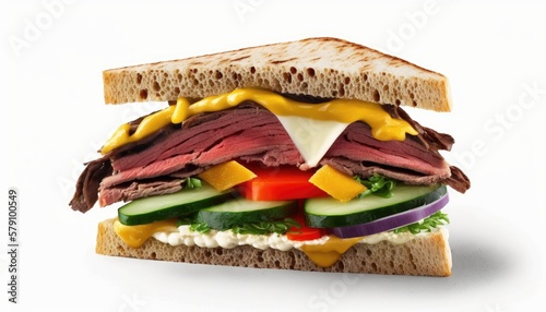 A Sandwich with Roast Beef Cheese and Vegetables on White Background with copy space for your text created with generative AI technology