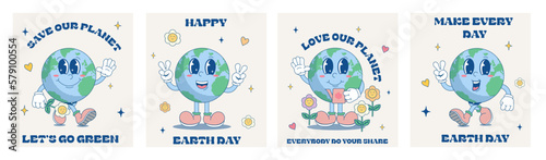 An illustration for Earth Day in a fashionable retro cartoon style. Funny vector illustrations of planet Earth. A set of posters with illustrations for World Environment Day. Eco-green concept.