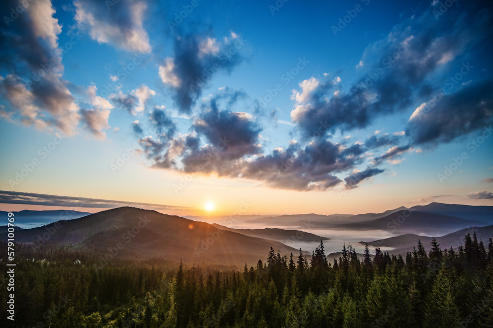 Majestic sunset in the mountains landscape in the Carpathian mountains, Ukraine, Europe