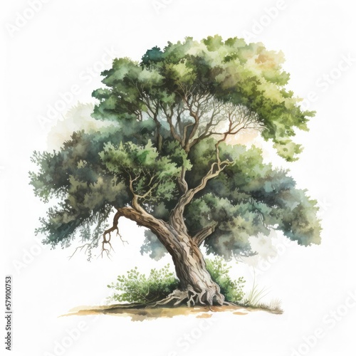 Leaning Old Oak With Exposed Gnarled Roots Watercolor-Style Botanical Illustration with White Background [Generative AI]