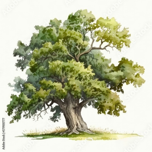 Mature Oak Tree Watercolor-Style Botanical Illustration with White Background [Generative AI]