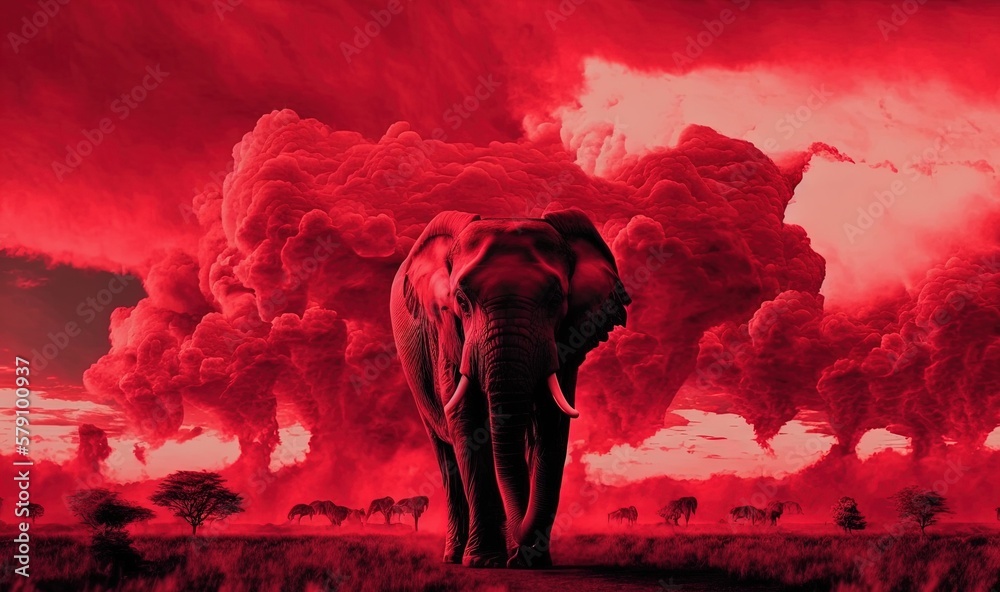  an elephant standing in front of a red sky with clouds of smoke and trees in the background and a red sky filled with red clouds.  generative ai
