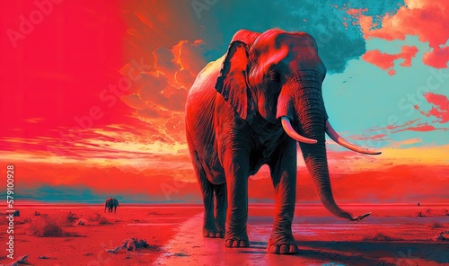  a painting of an elephant standing on a dirt road with a sunset in the back ground and clouds in the sky above it, with a red and blue and pink hue. generative ai