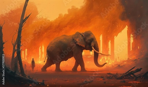  a painting of an elephant walking through a forest of trees with a man in the distance in the distance in the distance is an orange sky. generative ai