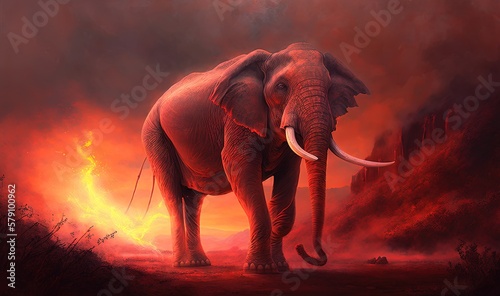  a painting of an elephant standing in a field with a red sky in the background and red clouds in the sky behind it, and a red and orange glow of fire in the foreground. generative ai