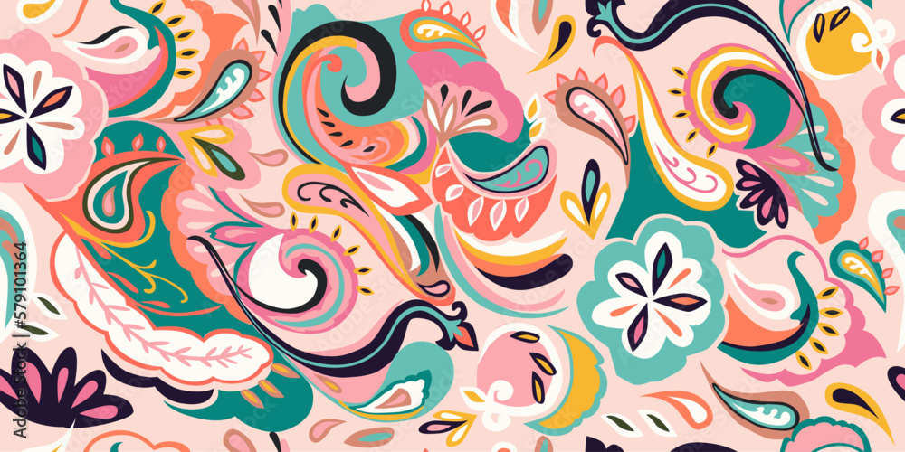 Modern hand drawn paisley ornament pattern. Abstract retro ethnic style. Fashionable vector template for your design. Textile printing, background, home decor. Vector illustration.