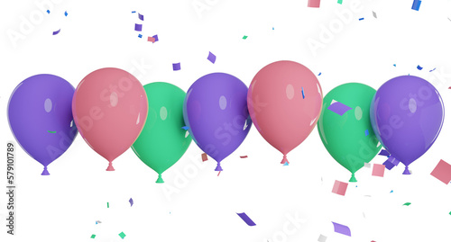 3d render of balloons with confetti flying isolated.