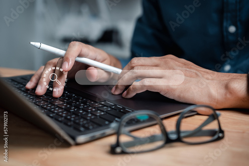Businessman using laptop computer for Search Data Search Technology Search Engine Optimization. Man use computer to Searching for information. Using Search Console for data.