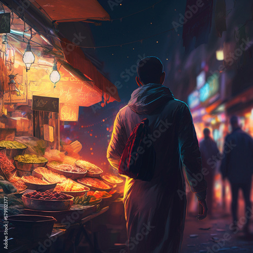 Traveler walking through a busting night market.  AI IMAGE