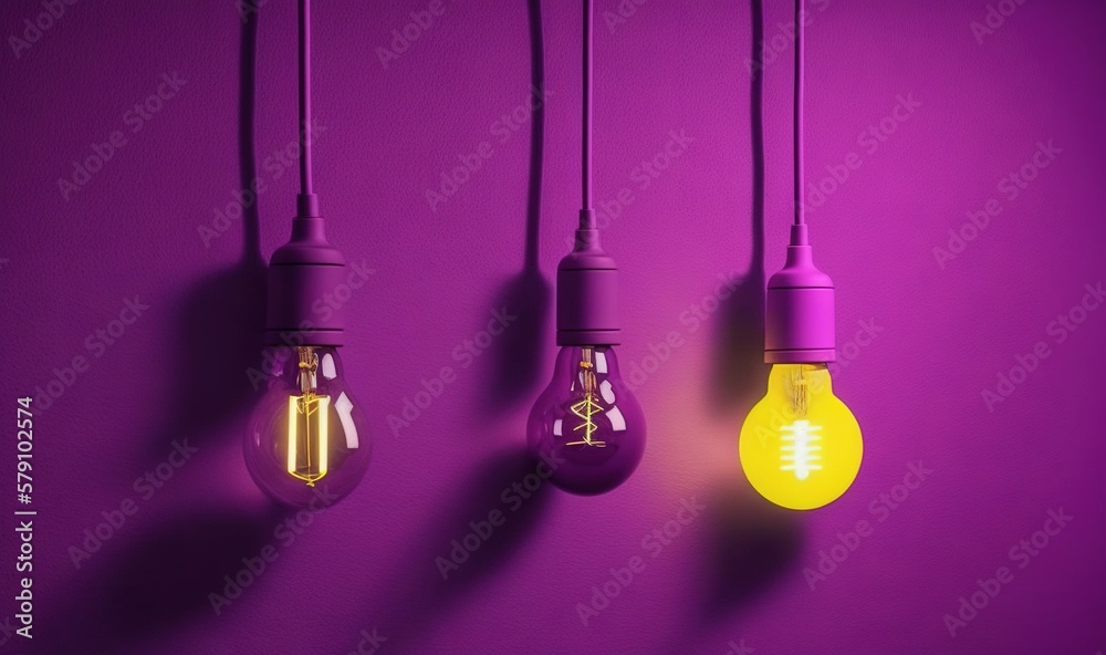 a group of light bulbs hanging from a purple wall with a purple background and a yellow light bulb on the left side of the picture. generative ai a group of light bulbs hanging from a purple wall with a purple background and a yellow light bulb on the left side of the picture. generative ai
