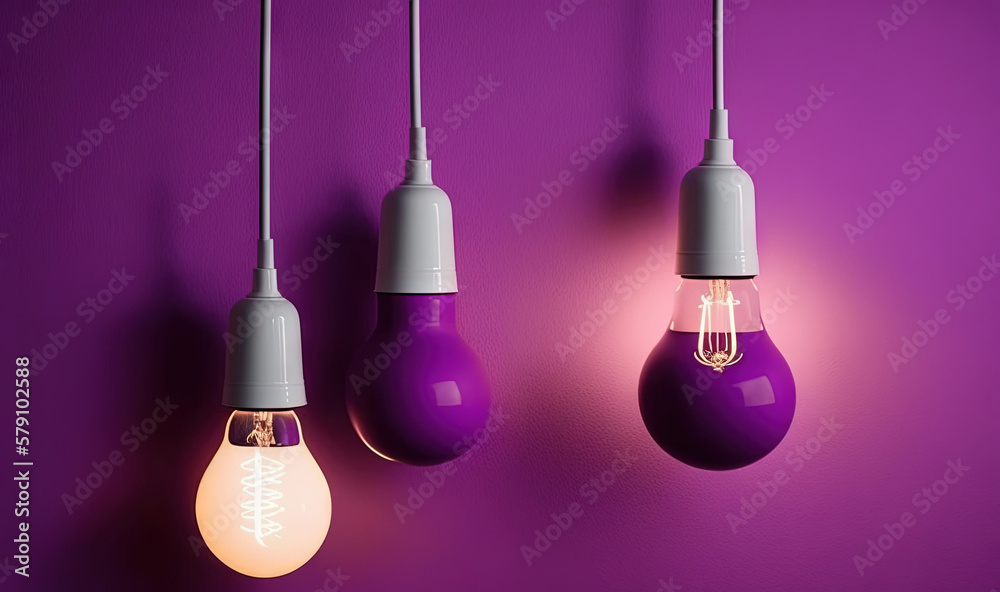 three light bulbs hanging from a purple wall with a purple wall in the background and a purple wall in the foreground with a white light bulb. generative ai three light bulbs hanging from a purple wall with a purple wall in the background and a purple wall in the foreground with a white light bulb. generative ai