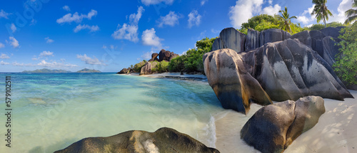 Panoramic view of Beach Anse Source d'Argent, La Digue, Seychelles