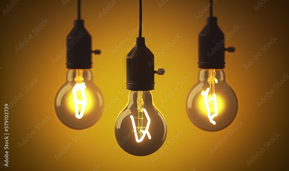 a group of light bulbs hanging from a ceiling with one light turned on and the other turned on with a light bulb turned on with a light bulb turned on. generative ai a group of light bulbs hanging from a ceiling with one light turned on and the other turned on with a light bulb turned on with a light bulb turned on. generative ai