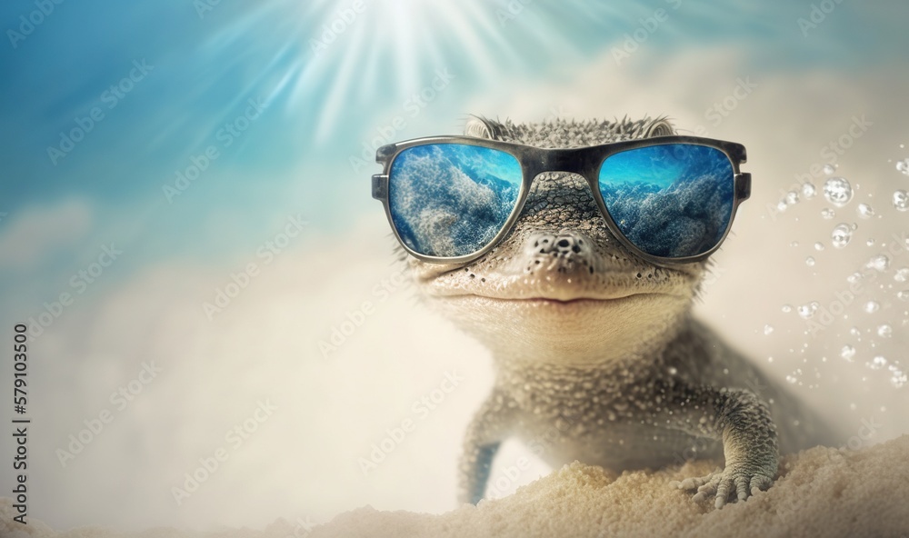 a lizard wearing sunglasses on top of a pile of sand with the sun