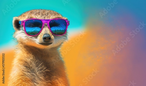  a meerkat wearing sunglasses and standing in front of a blue and yellow background with a blue sky in the background and a blue sky in the background.  generative ai