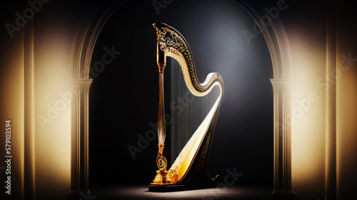 Illumined harp in a festive ambient. Ideal concert background. Generative AI photo