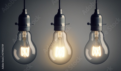  a group of three light bulbs hanging from a ceiling light fixture in a dark room with a light bulb turned on and turned on, and turned on. generative ai