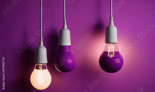  three light bulbs hanging from a purple wall with a purple wall in the background and a purple wall in the foreground with a white light bulb.  generative ai © Nadia