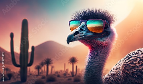  an ostrich wearing sunglasses in the desert with a cactus in the foreground and a sunset in the background behind it. generative ai