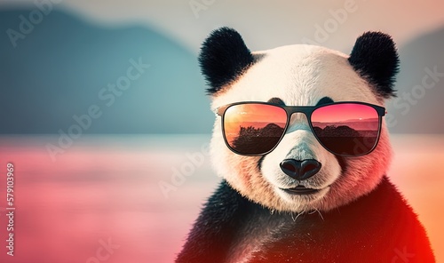  a panda bear with sunglasses on its head and a lake in the background with mountains in the distance and a sunset in the foreground. generative ai