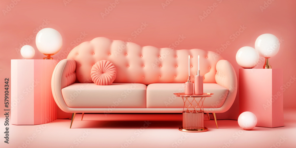 Modern pastel pink sofa with small tables on the sides in front of a pastel pink wall. Tone on tone. Generative AI - obrazy, fototapety, plakaty 