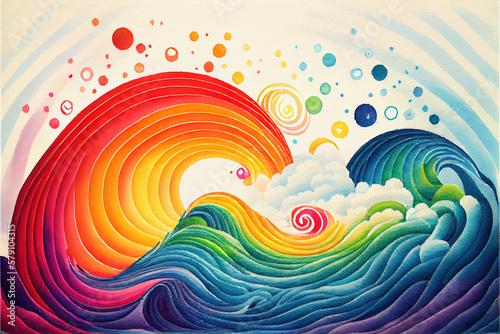 Rainbow wave watercolor background in kid style.