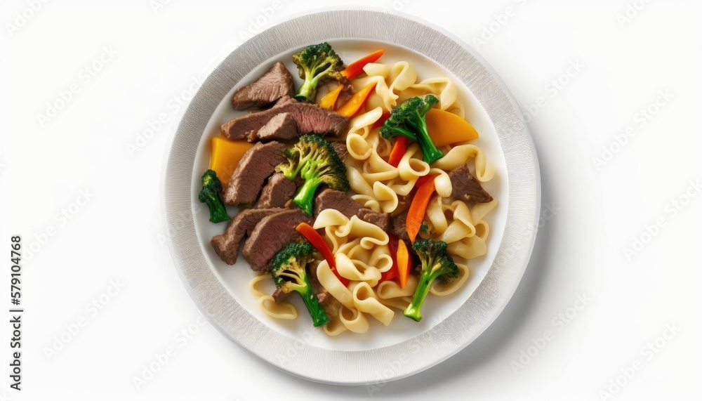 A plate of Beef Stir-fry with Noodles and Veggie on White Background with copy space for your text created with generative AI technology A plate of Beef Stir-fry with Noodles and Veggie on White Background with copy space for your text created with generative AI technology