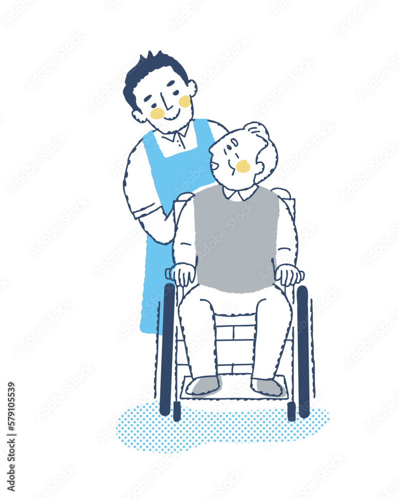  車いすのシニア男性と介護スタッフ