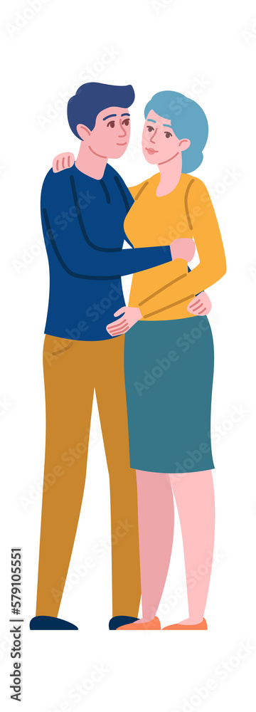 Fototapeta premium Man hugging woman. Happy couple embrace gesture