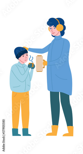 Mother giving frozen child hot drink. Kid holding cup of tea. Woman holding vacuum flask. Warming in cold weather © VectorBum