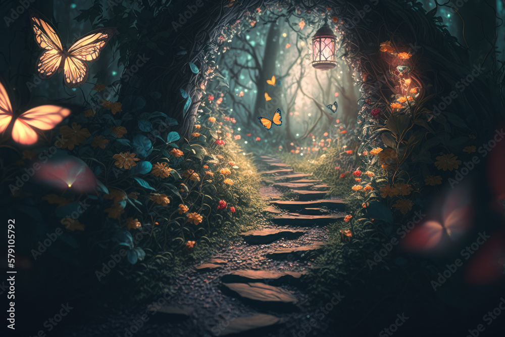 Glowing butterflies and fantasy forest path, Generative AI