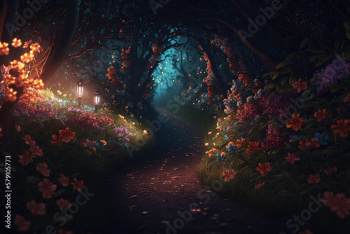 Night forest and flowery path  Generative AI