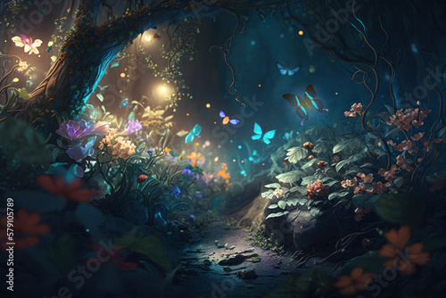 Glowing butterflies and fantasy forest path, Generative AI © HiroSund