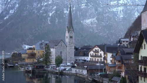 Hallstatt, Hallstetter Lake, Austria - March 2023: Nice view of the city. Mountain Lake. Lake among the mountains. Huts in the mountains near the forest lake