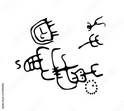 Rock petroglyphs depicting the invasion of predators and people defending domestic animals. Vector illustration of prehistoric rock petroglyphs discovered on the territory of Armenia
