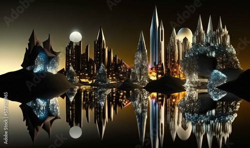  a futuristic city with a reflection of the sky and water in the middle of the image is a full moon and a full moon is reflected in the water.  generative ai © Nadia