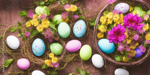 Vibrant Easter scene with a delightful display of pastel-colored Easter eggs and fresh spring flowers